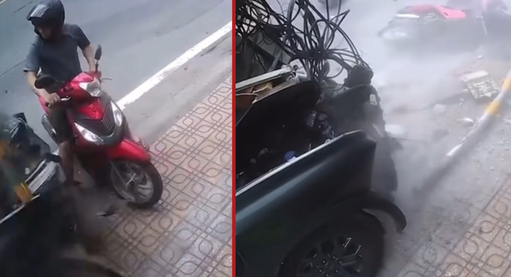Pickup truck mounts sidewalk and kills motorcyclist as driver dies after suspected medical emergency - Vietnam