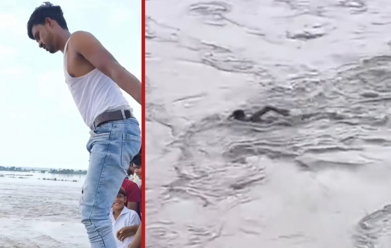 Youth gets washed away after jumping into Yamuna River on ₹500 ($6.00) bet in Baghpat, Uttar Pradesh - India