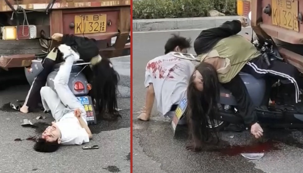 Tragic crash as woman on moped loses her life after colliding with parked truck, leaving her partner seriously injured - China