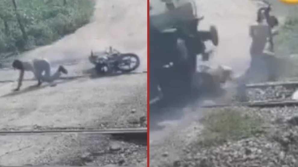 Man struck and killed by train after falling from motorcycle while crossing tracks in Uttar Pradesh - India