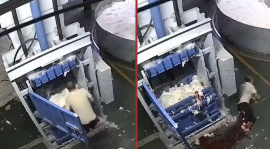 Worker severely injured as industrial press crushes his legs at plastic recycling plant - China