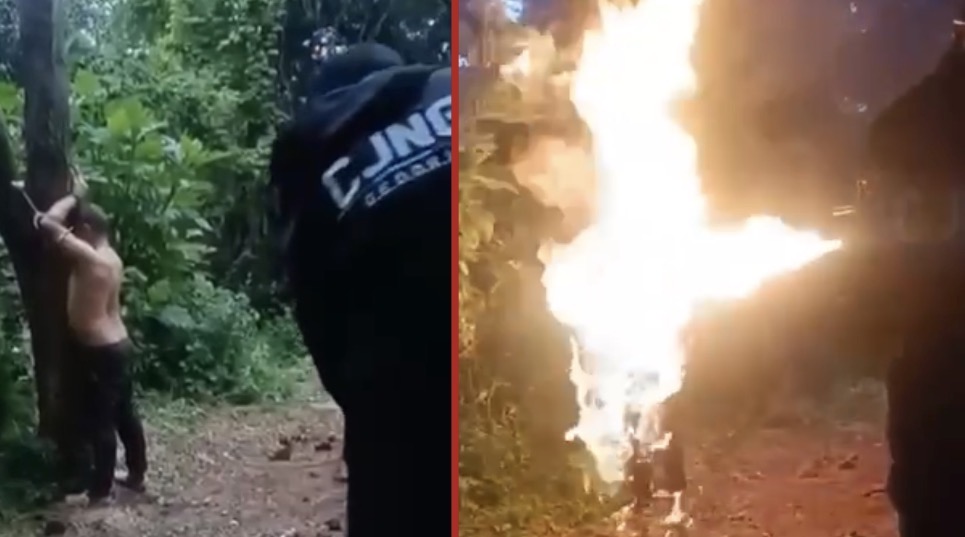 CJNG cartel tie man to a tree and burn him alive with a Flamethrower - Mexico