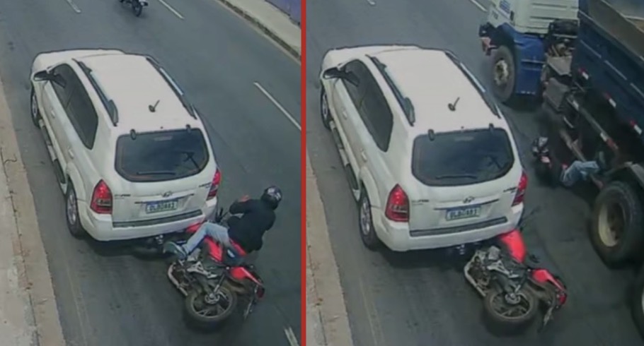 Motorcycle delivery worker killed after colliding with a parked car and falling under truck wheels - Brazil