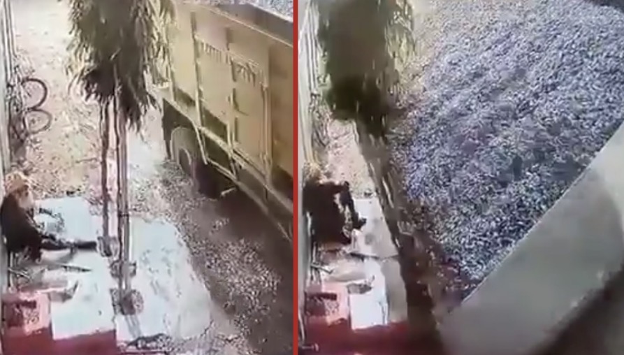CCTV footage captures the moment a gravel truck overturned in a Gwalior neighbourhood - India
