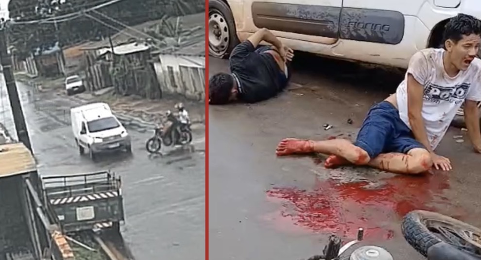 Motorcyclist speeds through an intersection without stopping and is struck by a passing car - Brazil