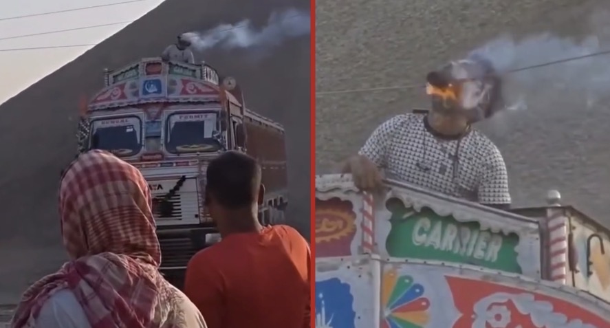Young man riding atop a truck is fatally electrocuted and decapitated after his head strikes a high-voltage power line - India