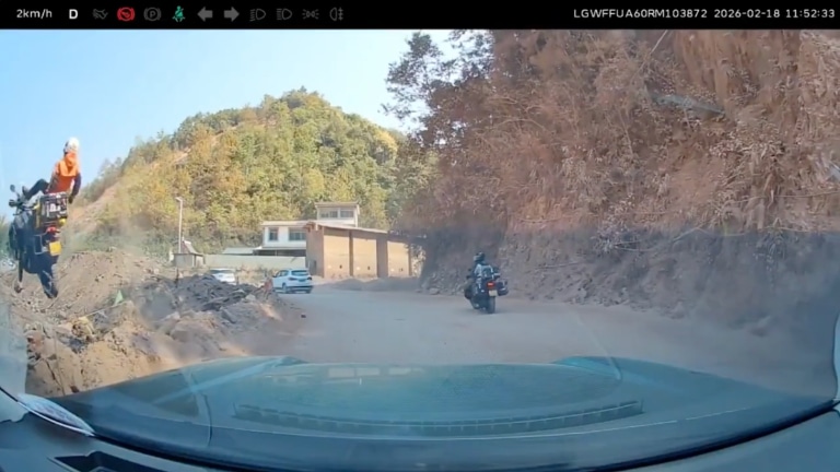 Motorcyclist loses control and plunges into open drop - China