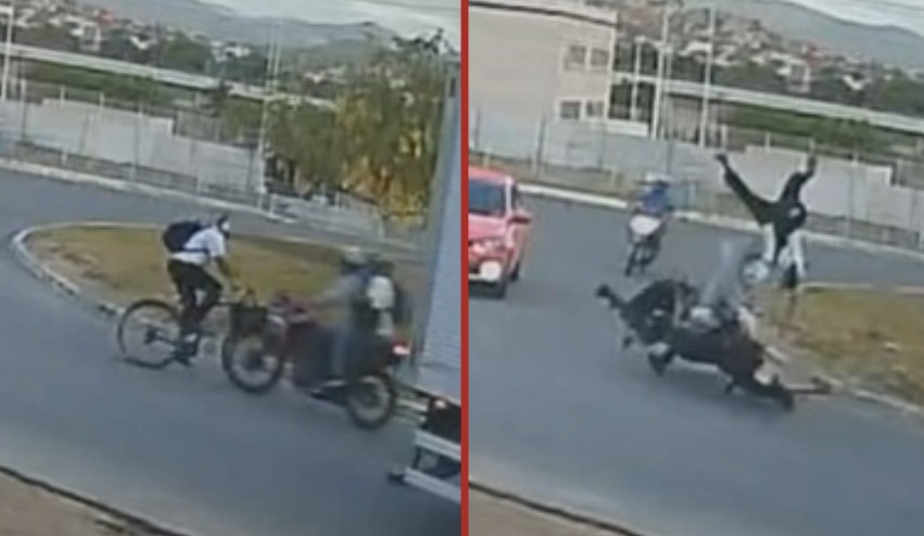 Cyclist and motorcyclist injured in roundabout crash after attempted overtake of truck - Brazil