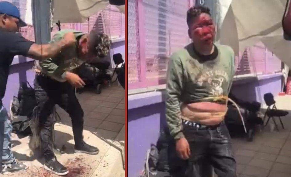 Thief caught stealing in a market, tied to a post and beaten until his face was disfigured - Mexico