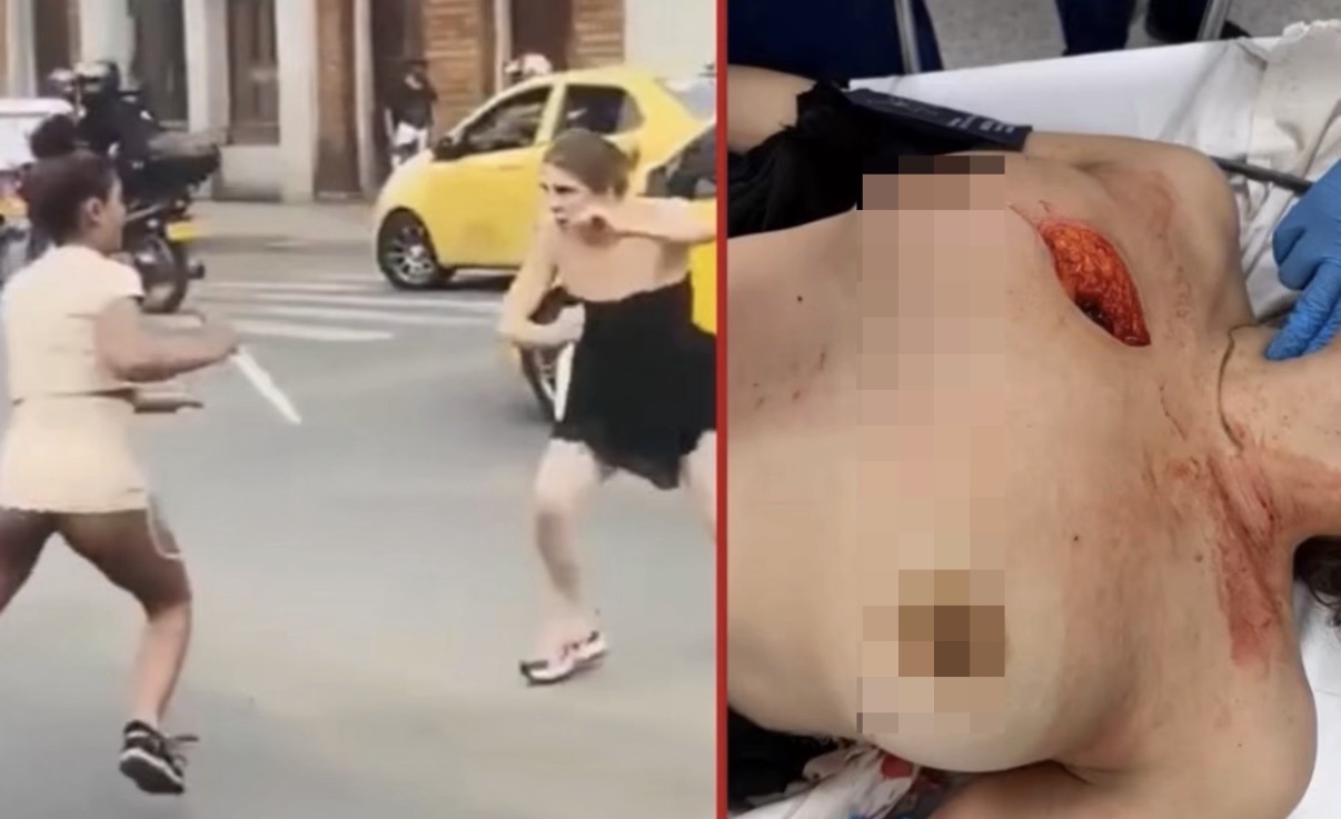 Knife fight between two women caught on video in downtown Medellín, one stabbed in the chest - Colombia
