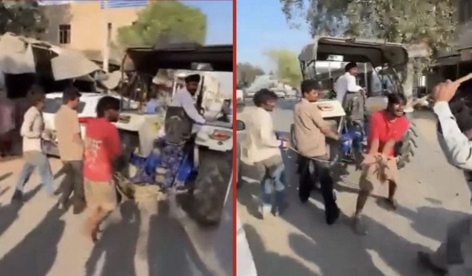Villagers tie robbery suspects to tractor and beat them after failed attempt to rob farmer - India